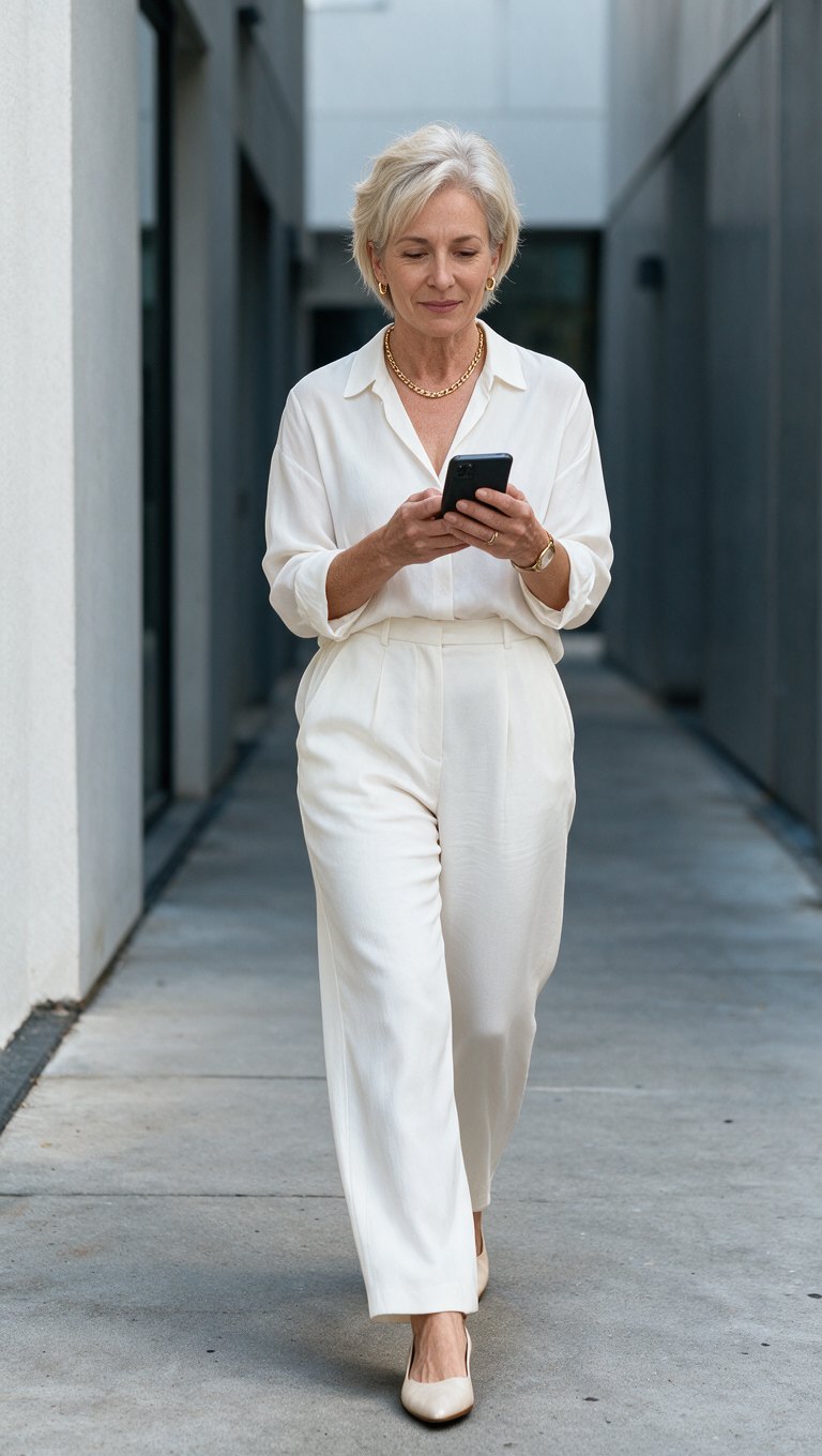 Mrs Smith walking with a phone
