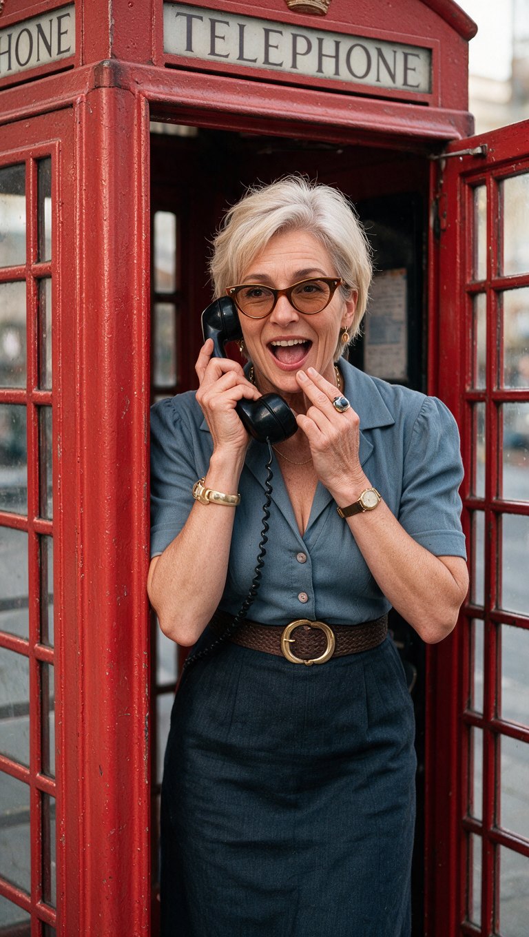 Mrs Smith in a red telephone box, laughing